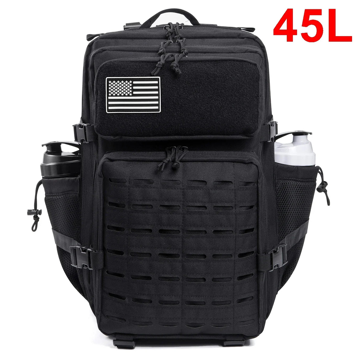 Tactical backpack by Adventure Club Store, 25L/45L size with water bottle holder, suitable for outdoor activities and small school use.