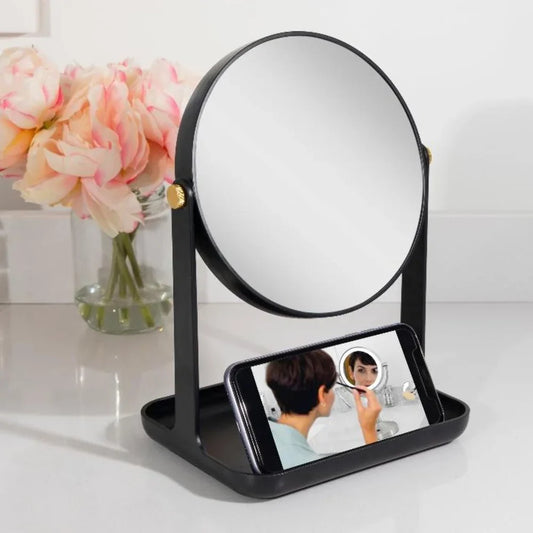 Blushimmer 5X/1X magnification makeup mirror with accessory tray and phone holder, 360-degree rotation, dual-sided vanity mirror.