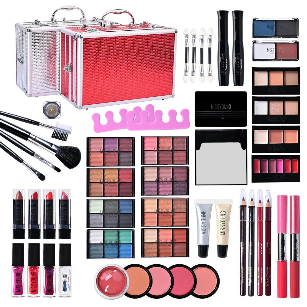 Blushimmer makeup gift set for women with face powder, eyeshadow palette, lipstick, makeup brushes, highlighter, and bronzer.