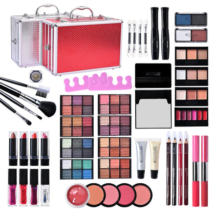 Blushimmer makeup gift set for women with face powder, eyeshadow palette, lipstick, makeup brushes, highlighter, and bronzer.
