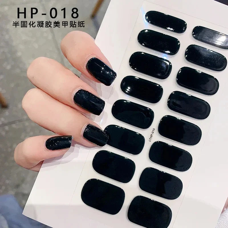 Blushimmer 16Tips glitter semi-cured gel UV stickers with 3D French gradient shine and shiny glitter powder for nail decoration.