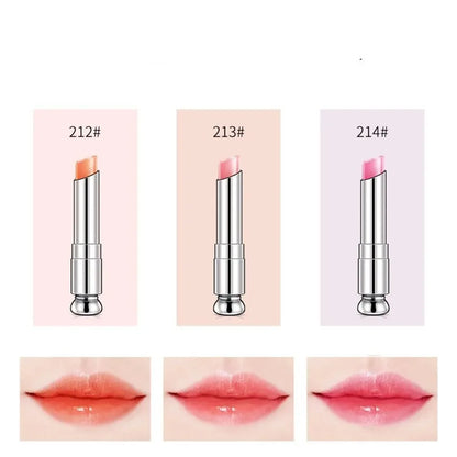 Blushimmer color-change gradient lipstick with glossy finish, moisturizing, waterproof, long-lasting tint in a sleek bullet.