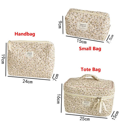 Blushimmer retro floral print women's cosmetic bag set with quilted large-capacity travel organizer and storage bags.