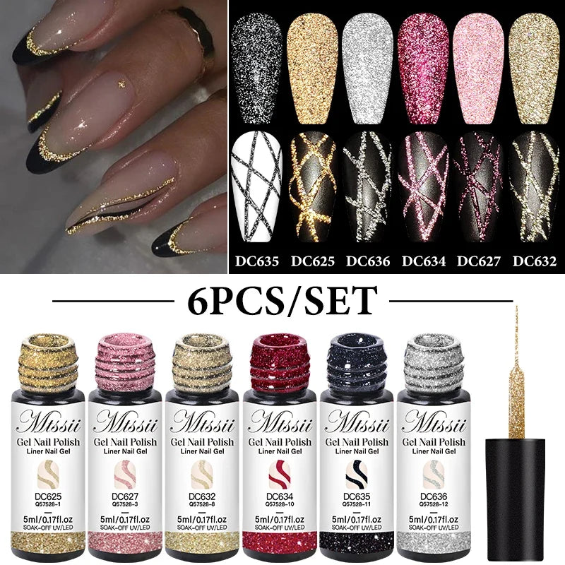 2/4/6pcs Reflective Glitter Liner Gel Nail Polish Set Pull Line Graffiti Painting Stripe DIY French Nails Design Painting Gel