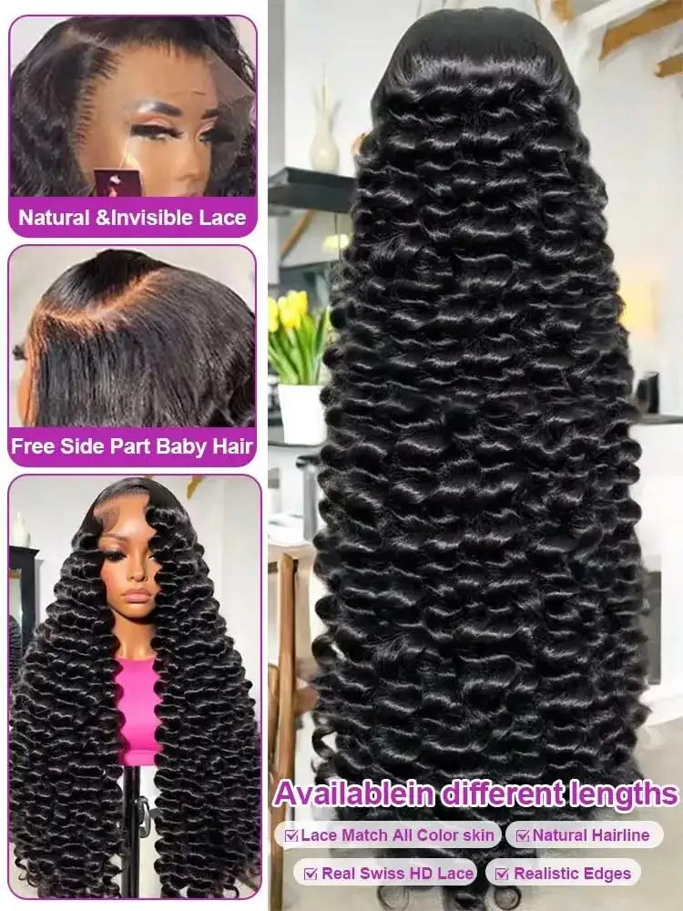 Selvanelle 40-42 inch deep wave lace frontal wig with 13x4 or 13x6 HD lace, human hair, and loose deep curly texture.
