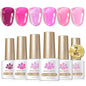 Six bottles of BORN PRETTY Crystal Amber Gel Nail Polish in jelly pink and nude shades for semi-permanent UV and LED manicures.