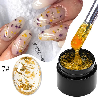 Blushimmer Meet Across pink dried flower gel nail polish with natural flower design for UV and LED nail art, 5ml bottle.