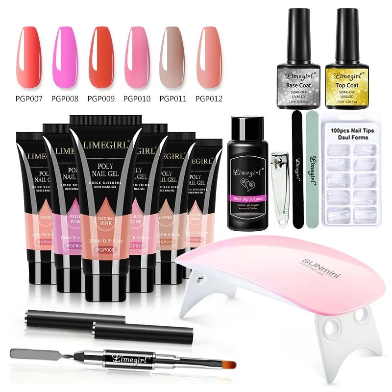 Blushimmer Limegirl 15ml extension nail gel set with 6W LED lamp, full manicure kit for quick finger extensions and nail molds.