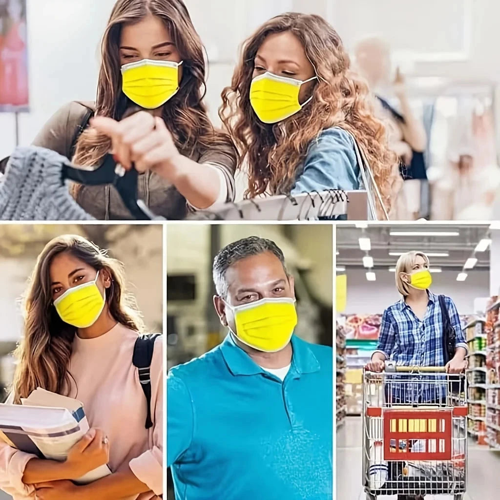 Set of 200 yellow disposable protective masks with 3-layer design, adjustable ear loops, breathable fabric, suitable for home use.
