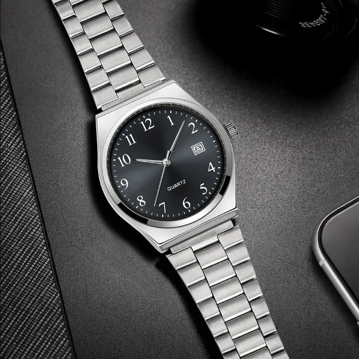 Lucky Fox minimalist stainless steel wristwatch with black dial and sleek design, showcasing precise timekeeping and elegant style.
