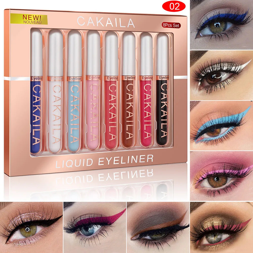 Blushimmer waterproof 8-color eyeliner pen set with glitter and matte finishes, long-lasting eye makeup pencils for versatile beauty looks.