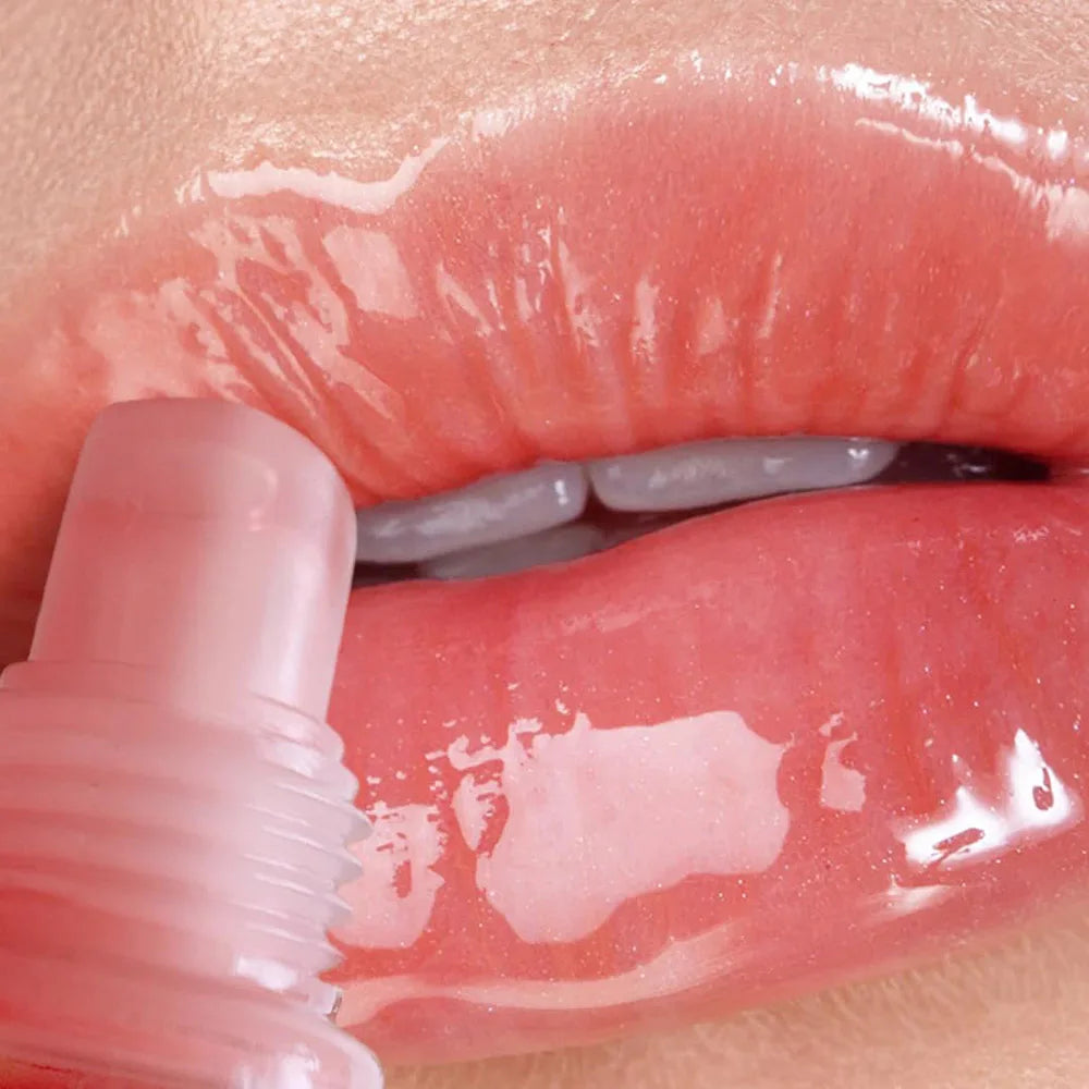 Set of six fruity flavor watery glossy lip glosses by Blushimmer, featuring clear, hydrating, moisturizing lip gel for women’s lips.