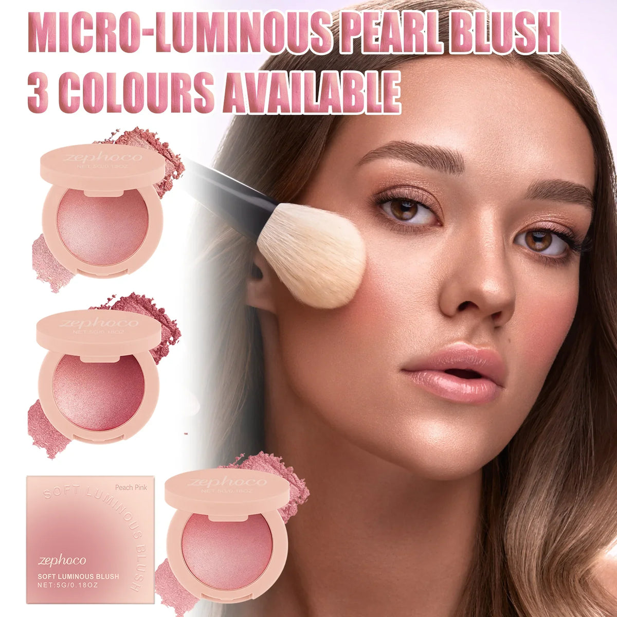 Blushimmer Pearl Blush with light pink powder for a natural, radiant finish, long-lasting, buildable, soft blush for a delicate glow.