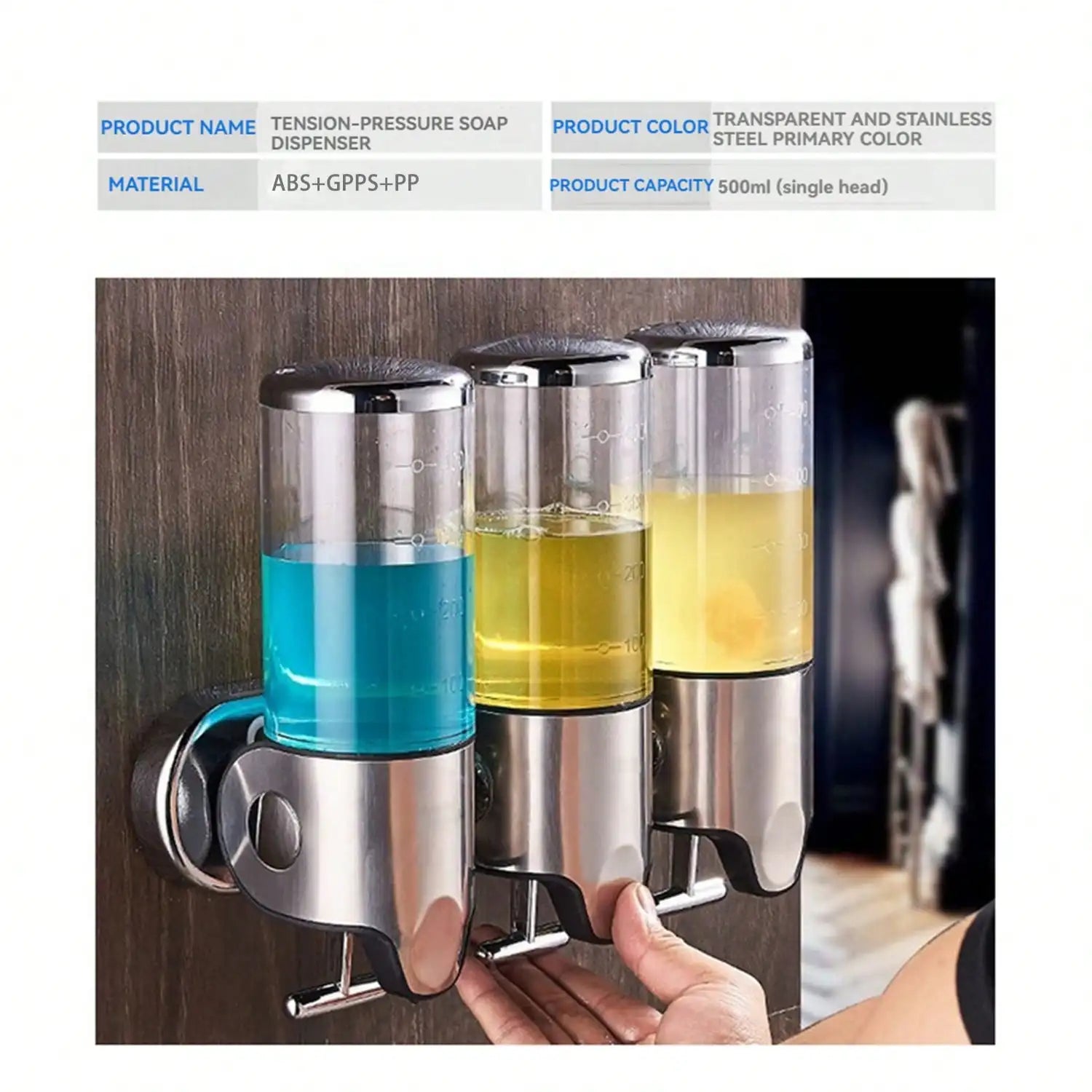 No-Drill 3 Chamber Wall Mounted  Liquid Soap Shower Hand Sanitizer Pump Dispenser for Bathroom Kitchen Hotel, and Holds Shampoo