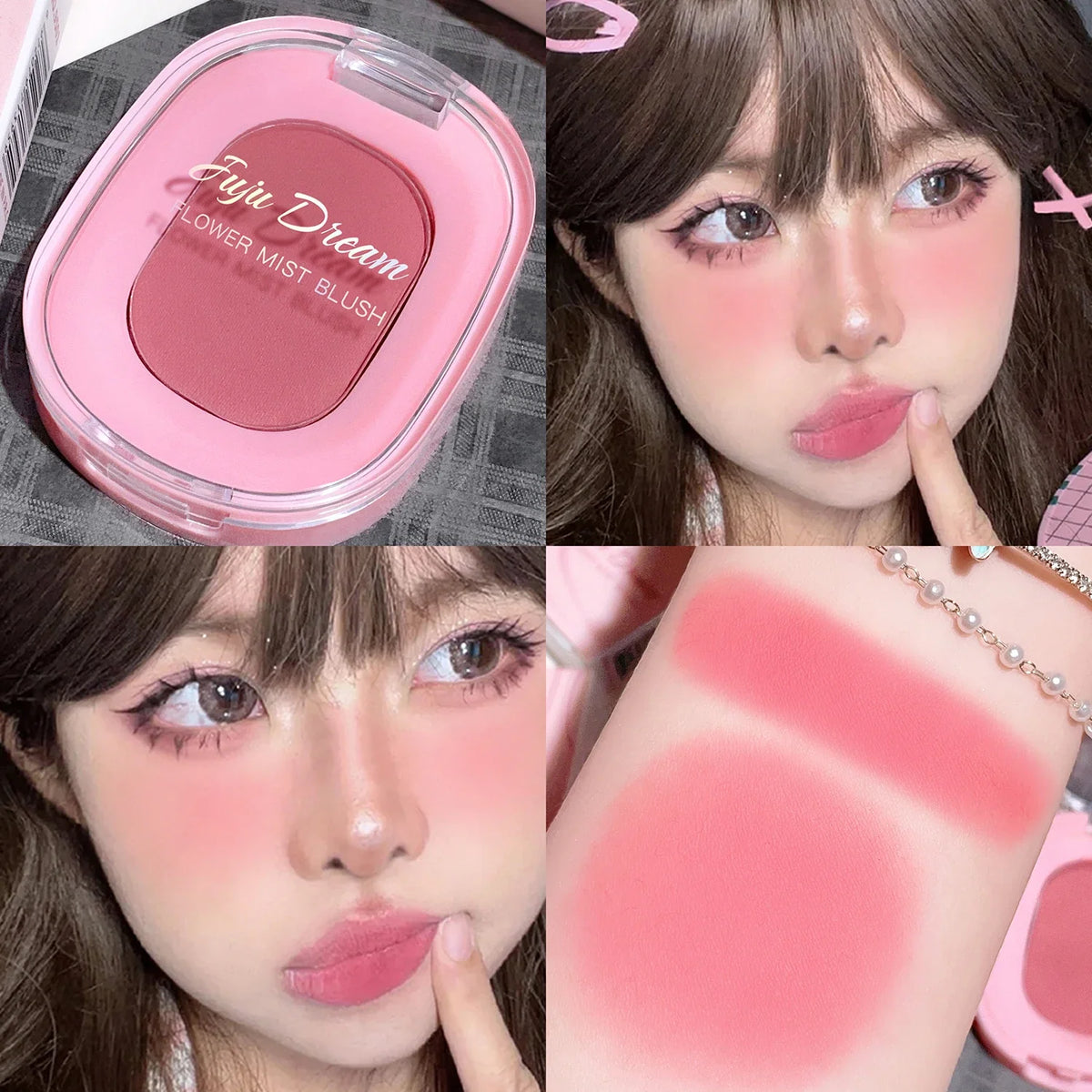 Blushimmer monochrome flower mist blush powder in soft pink with matte finish, brightens and enhances natural nude makeup look.