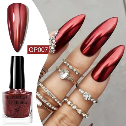 Blushimmer metallic mirror nail polish in 8ml bottle, showcasing a shiny, reflective finish for salon-quality long-lasting manicure.
