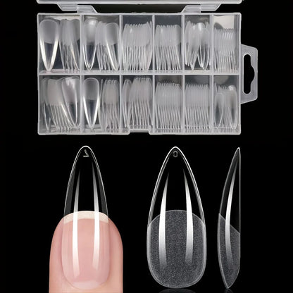 Set of 120 Blushimmer full cover press-on nail tips in stiletto, almond, square, and coffin shapes for gel nail extensions.