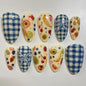 Blushimmer 24-piece wine red almond press-on nails with cartoon rabbit, bowknot, plaid, pearl designs, French style for girls.
