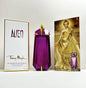 Thierry Mugler Alien perfume bottle in purple, gold, and red with a sleek design, 90ml concentrated women's fragrance by Blushimmer.