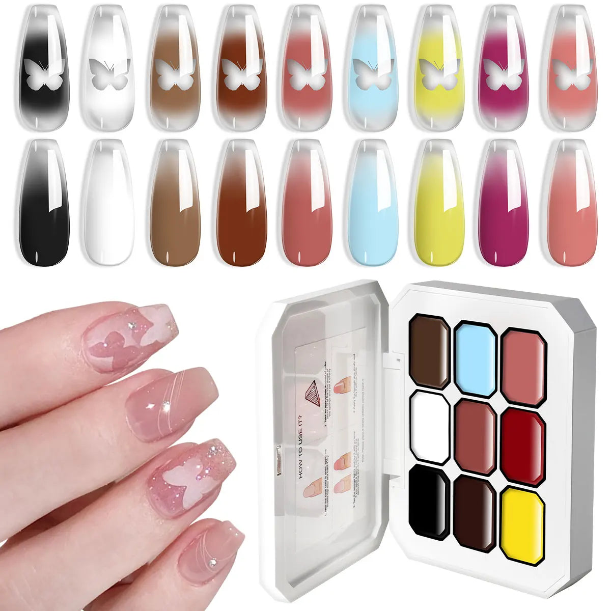 Blushimmer LimeGIRL 9-color gradient gel nail polish with flower paint and engraving gel for DIY nail art design.