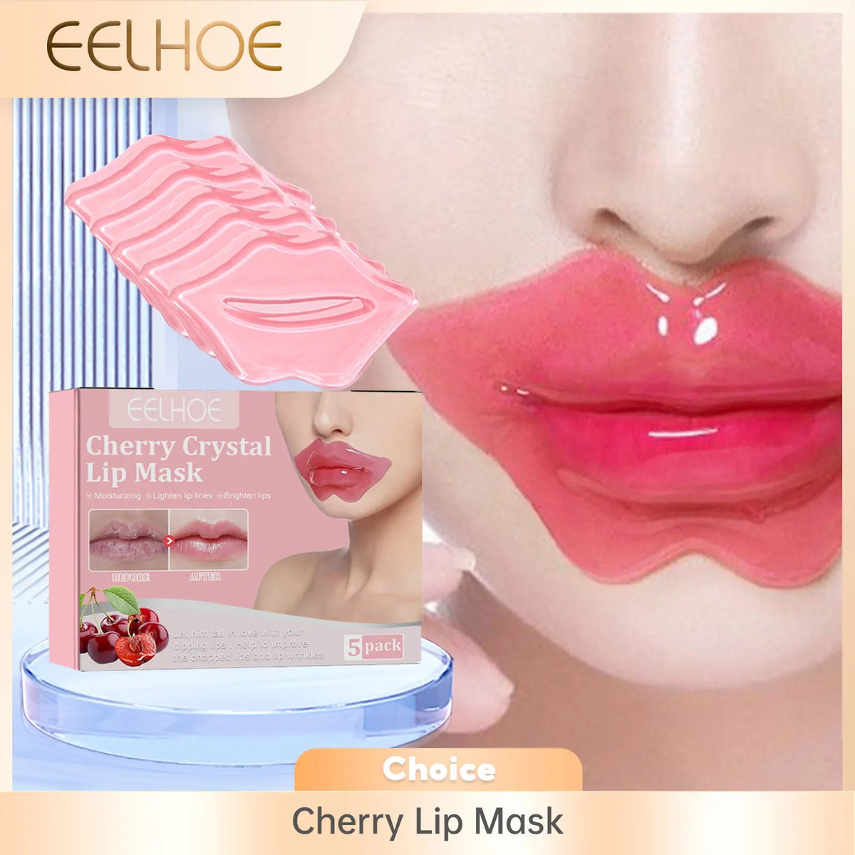 Blushimmer EELHOE Cherry Nourishing Lip Mask in 5pcs, featuring moisturizing patches to improve dry lips, reduce cracks, and smooth.