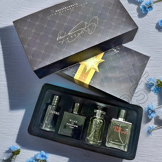 Blushimmer luxury men's perfume gift box with four 100ml floral and fruity scented colognes in elegant bottles.