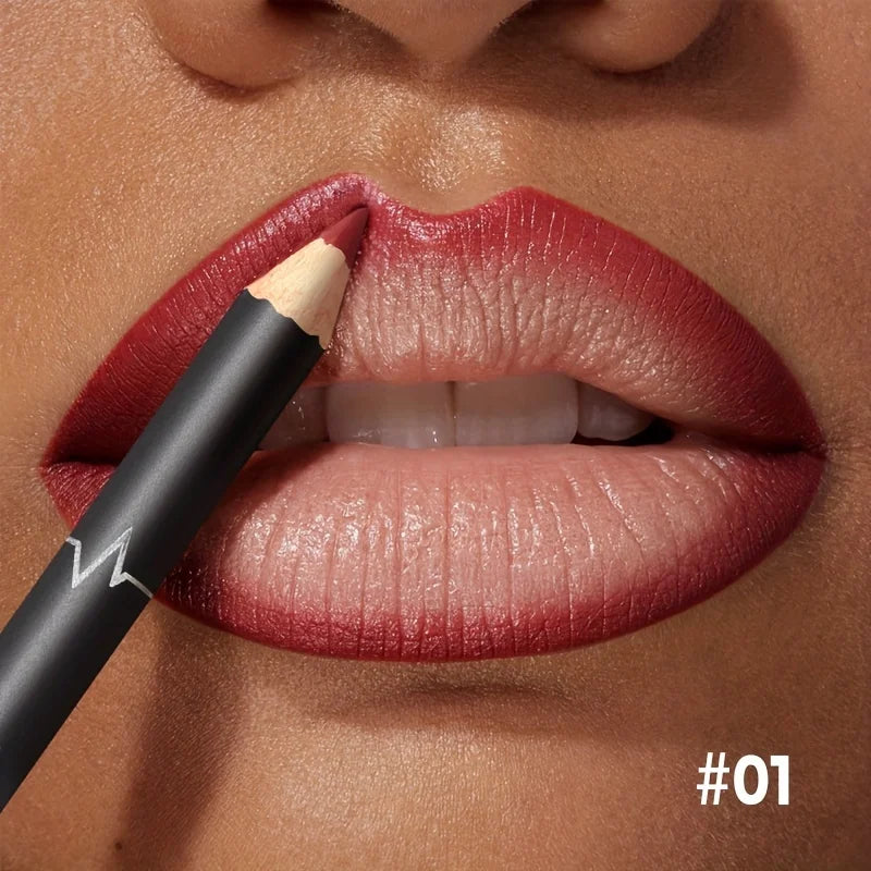 Blushimmer waterproof matte lipliner pencil in red, showing the long-lasting, moisturizing lipstick on lips with a smooth finish.