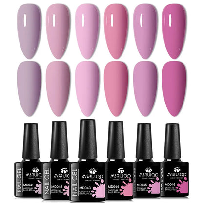Blushimmer 6-piece all-season nail gel polish set with vibrant semi-permanent UV gel colors for salon or DIY manicures.