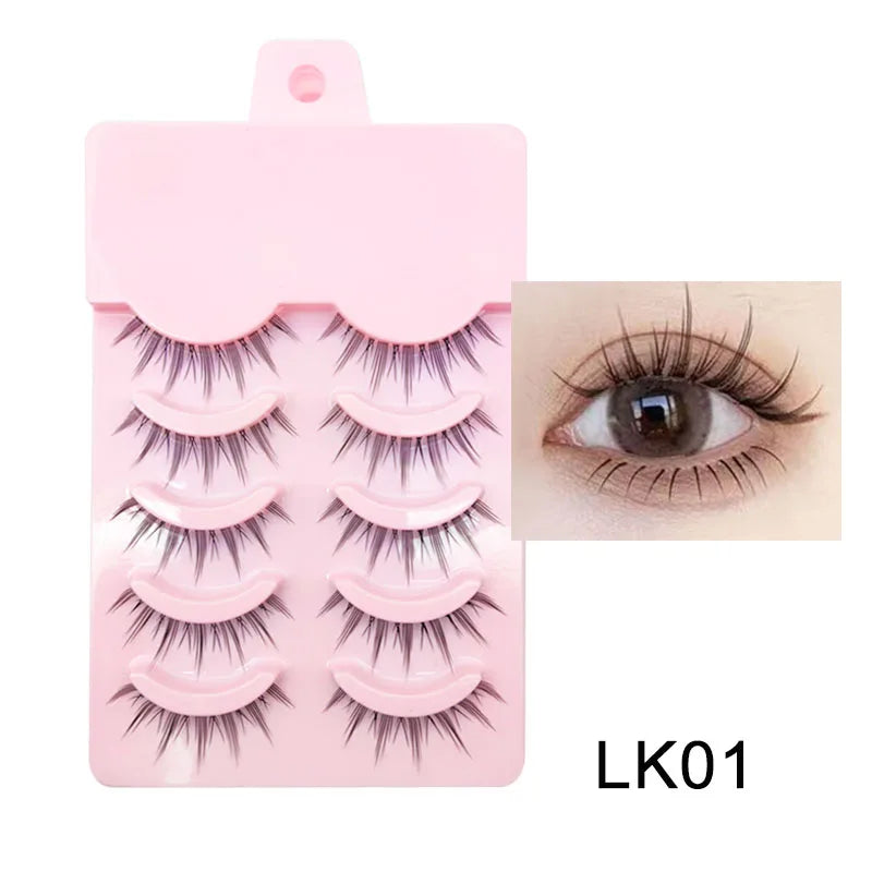 Blushimmer DINGSEN fake anime eyelash set with five pairs of natural, daily makeup manga-style eyelashes on clear bands.