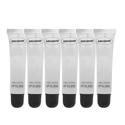 Set of clear lip gloss tubes from Blushimmer featuring long-lasting, high-shine, non-sticky lip gloss with hydrating formula and lip care benefits.