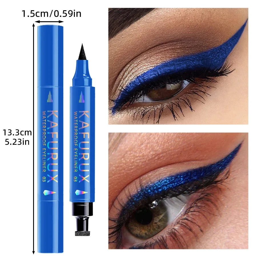Blushimmer 2-in-1 waterproof liquid eyeliner pen in black, purple, and blue with a seal stamp tip, Korean makeup cosmetic.