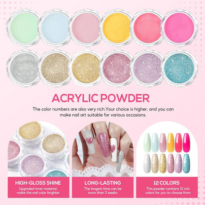 Blushimmer acrylic nail kit for beginners with drill, UV light, glitter powder, and decorative nail accessories in a professional set.