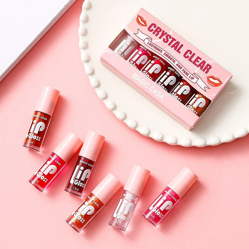 Blushimmer Magic Casa 6-piece Water-Gloss Jelly Lip Oil set with plumping, hydrating, long-lasting moisture and makeup base properties.