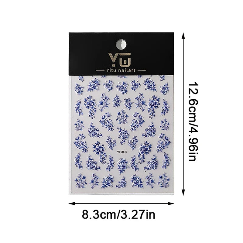 Blue White Porcelain Chinese Style Sticker 3D Self Adhesive Nail Art Sticker Flower Silverback Adhesive Manicure Decal Salon DIY