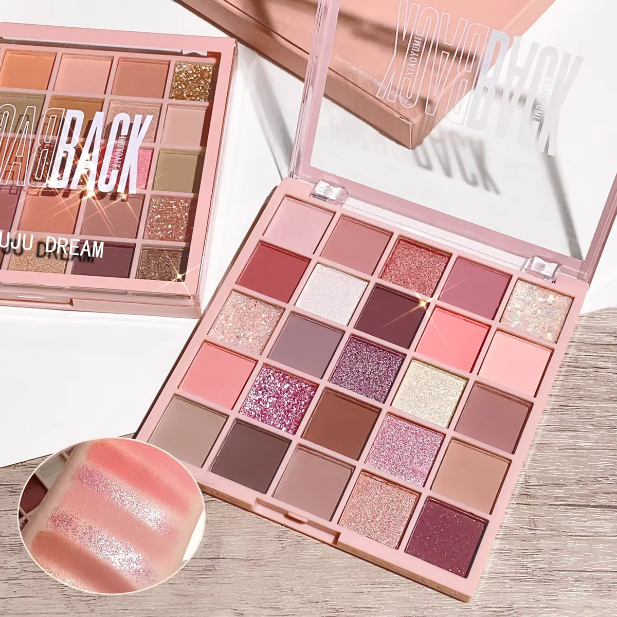 Blushimmer 25-color eyeshadow tray with oatmeal milk tea shades, sparkling powder, pearl sequins, and gentle orange brown tones.