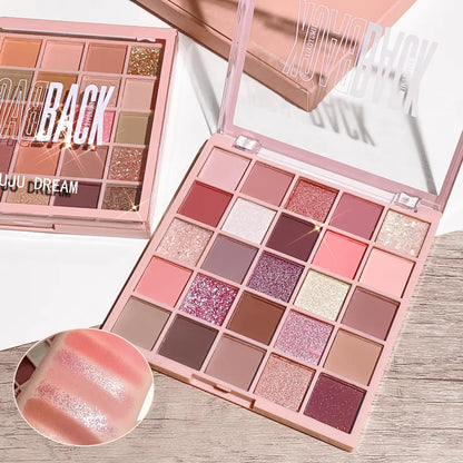 Blushimmer 25-color eyeshadow tray with oatmeal milk tea shades, sparkling powder, pearl sequins, and gentle orange brown tones.