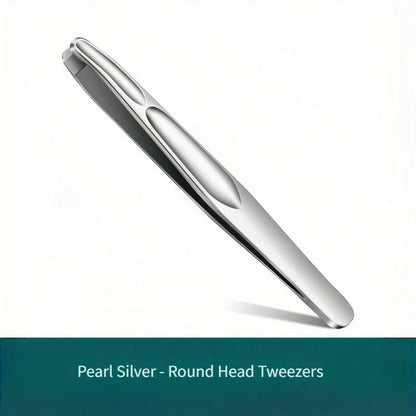Blushimmer premium round head tweezers for eyebrow and facial hair removal, with seamless clips for short hair and beard trimming.