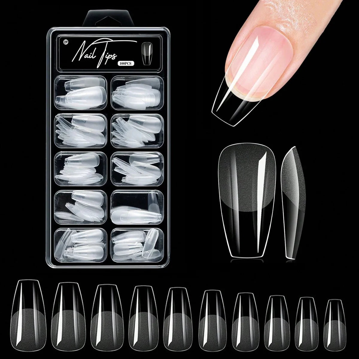 Set of 100/600 short almond-shaped gel nail tips by Blushimmer, full cover false nails for salon or home acrylic nail application.