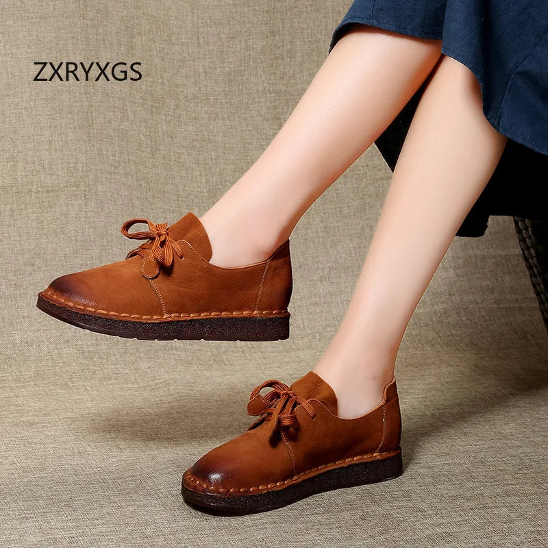 ZXRYXGS Retro Style Top Cowhide Single Shoes Woman New Flats 2025 Winter Soft Sole Comfort Warm Shoes Flat Sneakers Casual Shoes