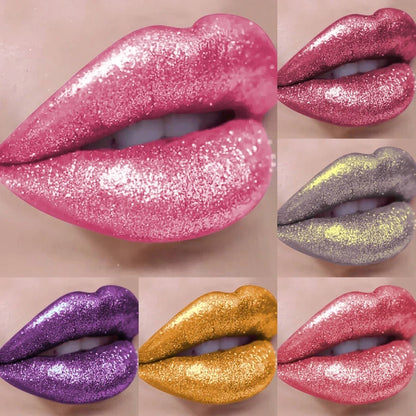 Blushimmer 18-color glitter liquid lip gloss with long-lasting, waterproof formula and pearl shine for sparkling lips.