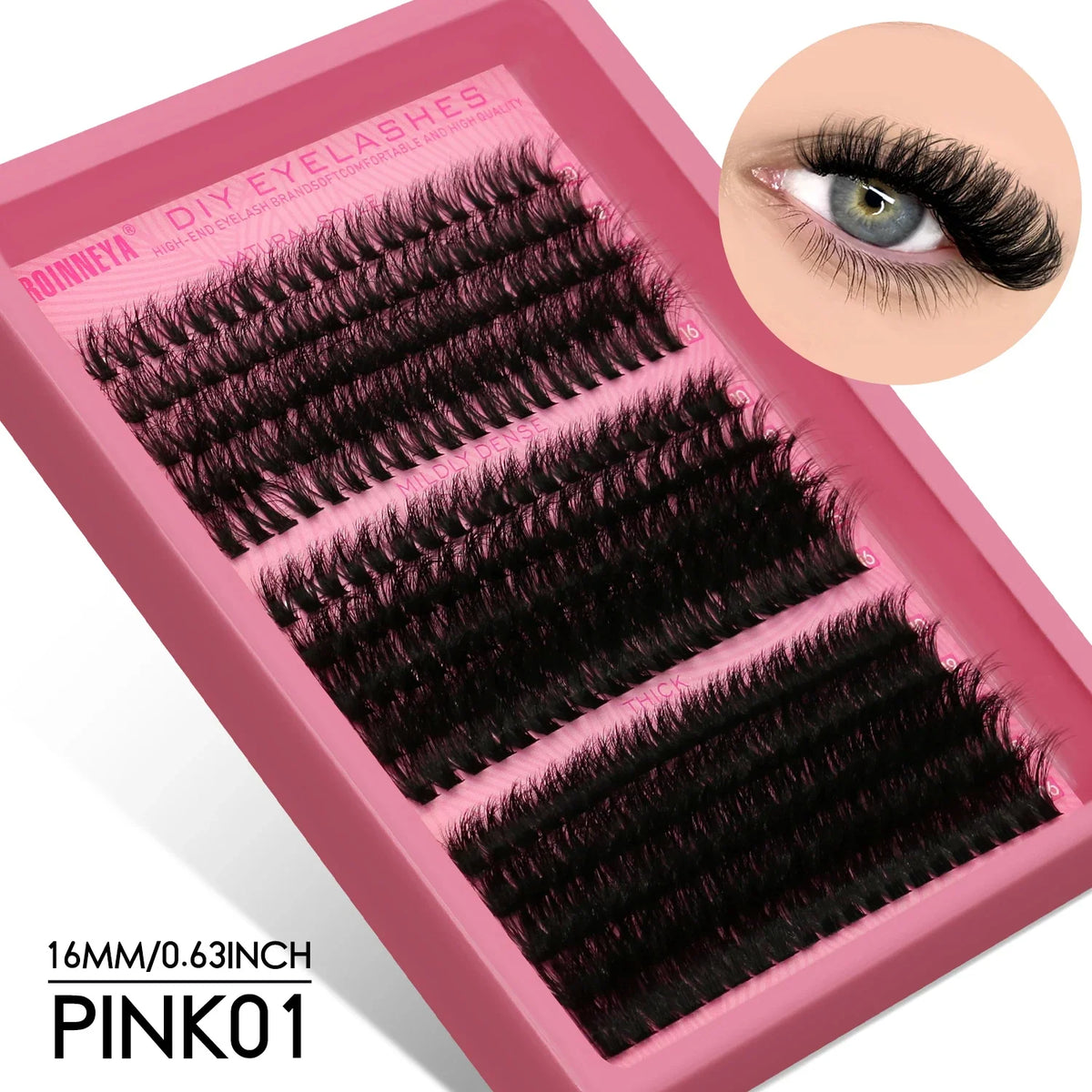 Blushimmer GROINNEYA fluffy thick DIY eyelash clusters with D/DD curl, wispy style for lash extensions, shown in black on a white background.