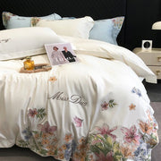 Bedding Set Luxury Flowers Embroidery Quilt/Duvet Cover White Egyptian Cotton Bedspread Fitted Sheet Mattress Cover Pillowcases