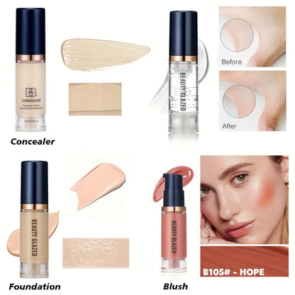 4Pcs Set Primer + Concealer + Liquid Foundation + Liquid Blush Matte Velvet Waterproof Foundation Blush Makeup For Travel