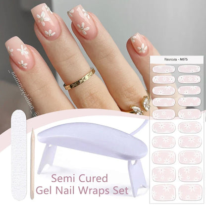 Blushimmer Harunouta 4-piece gradient jelly semi-cured gel nail strips with nude pink waterproof design and matching nail lamp.