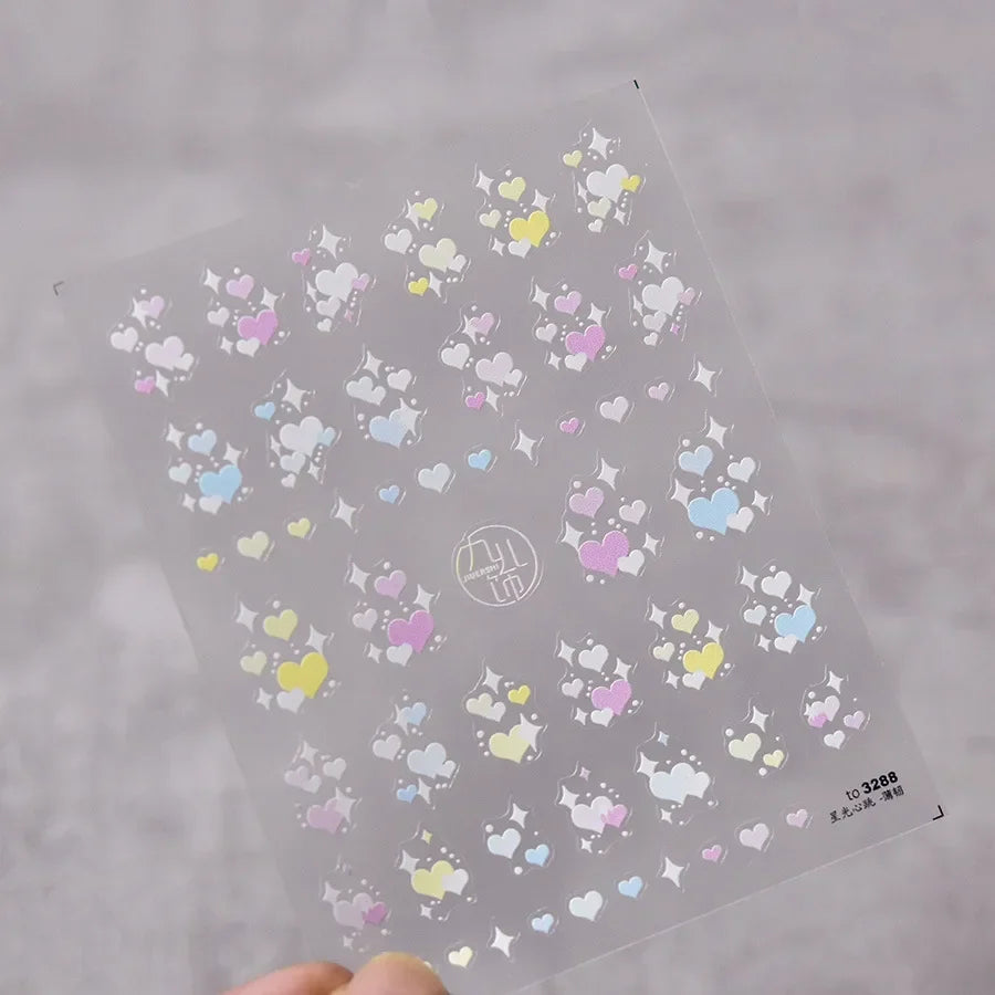 Colorful Cat's Eye 5D gradient nail art stickers with European love heart and crystal geometric designs by Blushimmer for manicure decor.