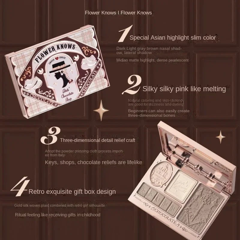 Blushimmer Flower Knows Chocolate Wonder-Shop face palette with highlighter, contour, and bronzer powders for women makeup.