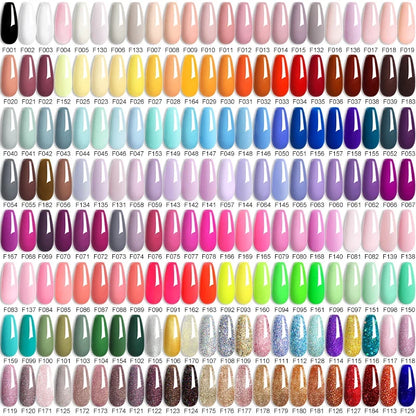Colorful gel nail polish bottles by Blushimmer, showcasing a variety of semi-permanent UV gel colors for manicure nail art.