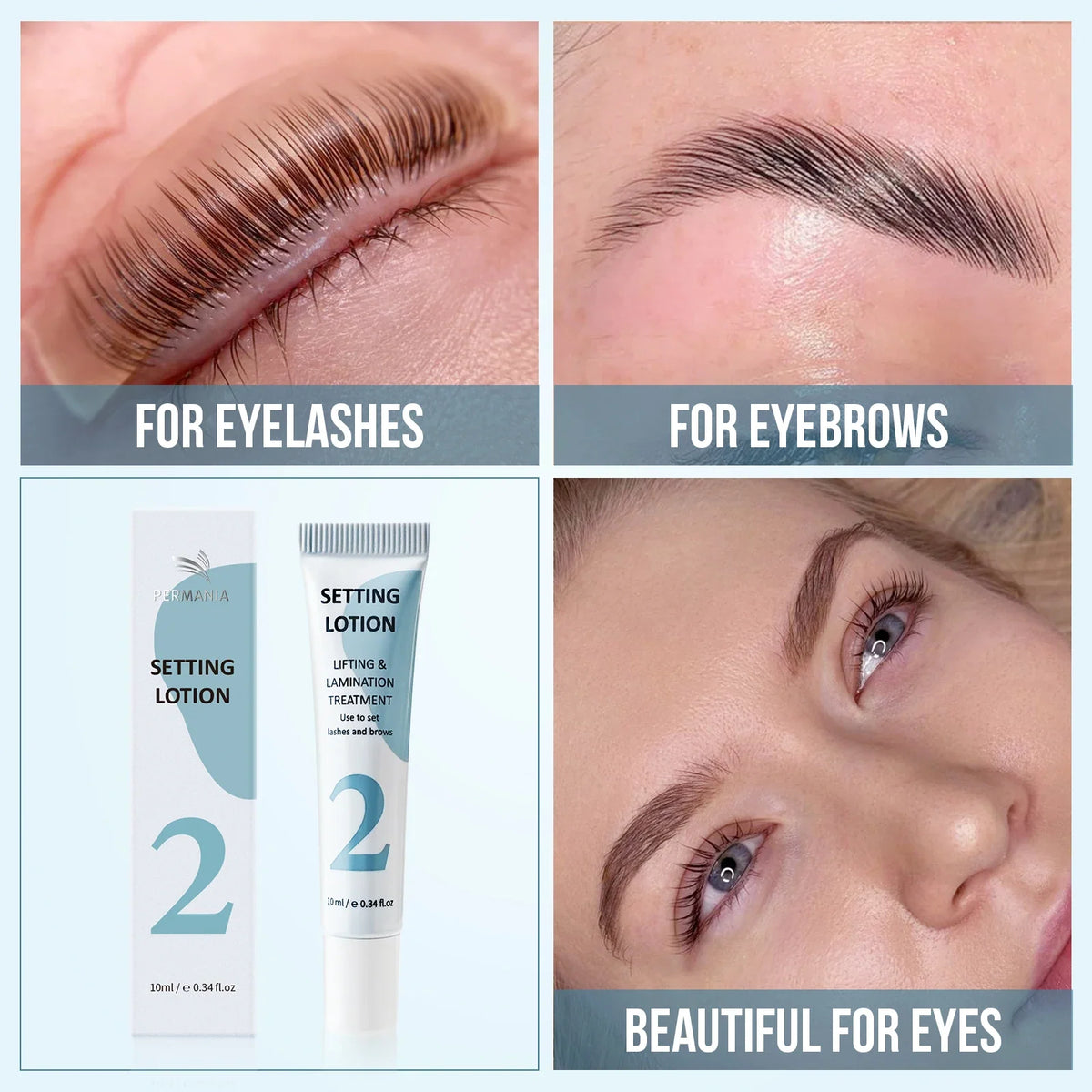 Blushimmer PERMANIA eyebrow lift lotion bottle for brow lamination and eyelash lifting, with applicator brush visible in the image.
