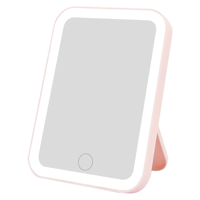 Blushimmer 3-color LED vanity mirror with touch screen, USB rechargeable, dimmable brightness, portable makeup mirror.