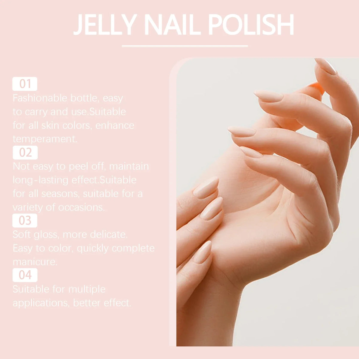Blushimmer Jelly Nail Polish in transparent pink with fine glitter, perfect for autumn and winter skin-whitening nail looks.